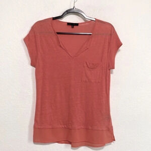 Sanctuary Coral/Peach V- Neck Short Sleeve 100% linen Pocket Pullover Top Size S